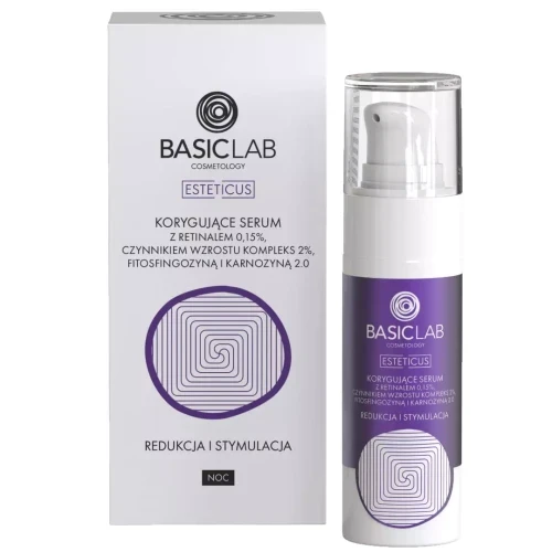 BASICLAB Korygujące Serum z Retinalem 0,15%, Czynnikiem Wzrostu Kompleks 2%, Fitosfingozyną i Karnozyną 2.0 30 ml