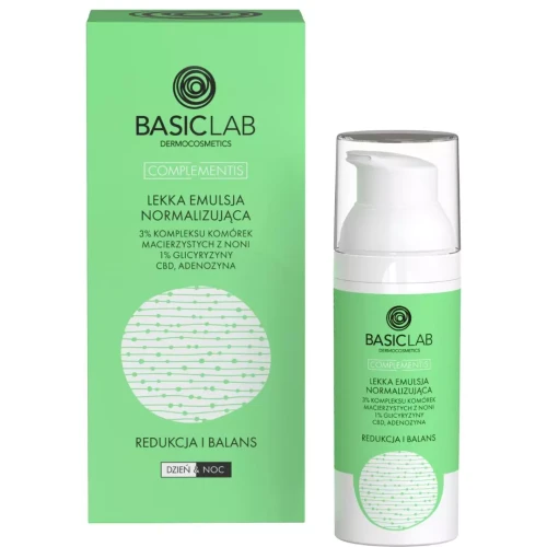 BASICLAB Lekka emulsja normalizująca z 3% kompleksu komórek macierzystych z noni, 1% glicyryzyny, cbd i adenozyną redukcja i balans