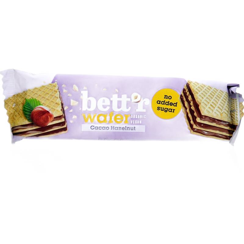 BETT'R Wafer Cacao Hazelnut - bio wafelek bez cukru z kremem kakaowo-orzechowym, słodzony erytrolem i ksylitolem