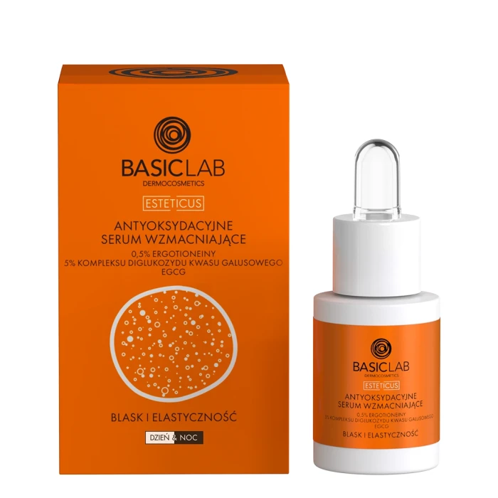 BASICLAB Antyoksydacyjne serum wzmacniające 0,5% ergotioneiny, 5% kompleksu diglukozydu kwasu galusowego, EGCG, Blask i Elastyczność 15 ml