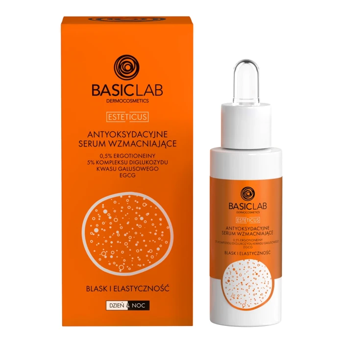 BASICLAB Antyoksydacyjne serum wzmacniające 0,5% ergotioneiny, 5% kompleksu diglukozydu kwasu galusowego, EGCG, Blask i Elastyczność 30 ml