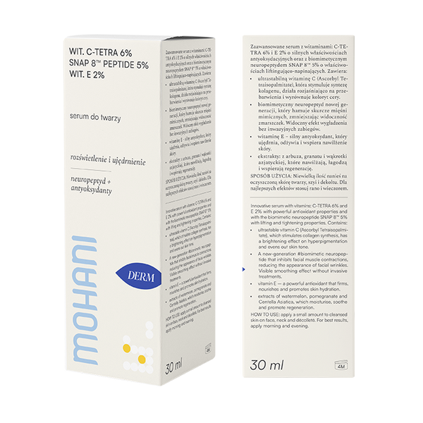 MOHANI Napinająco-rozświetlające serum do twarzy z ultrastabilną Witaminą C TETRA 6%, neuropeptydem SNAP 8™ 5% i Witaminą E 2% 30ml