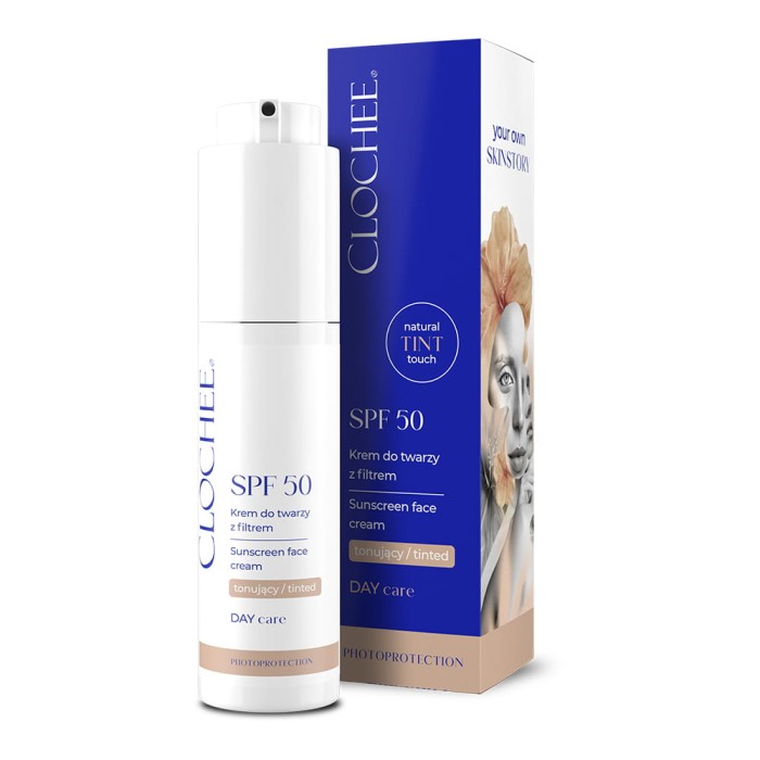 CLOCHEE Krem do twarzy z filtrem SPF 50 – tonujący z ektoiną i CICĄ 50 ml