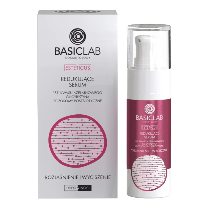 BASICLAB Redukujące serum 15% kwasu azelainowego, Glicyryzyna, Egzosomy postbiotyczne, Rozjaśnienie i Wyciszenie 30 ml