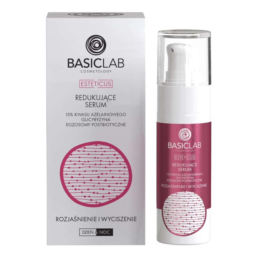 BASICLAB Redukujące serum 15% kwasu azelainowego, Glicyryzyna, Egzosomy postbiotyczne, Rozjaśnienie i Wyciszenie 30 ml