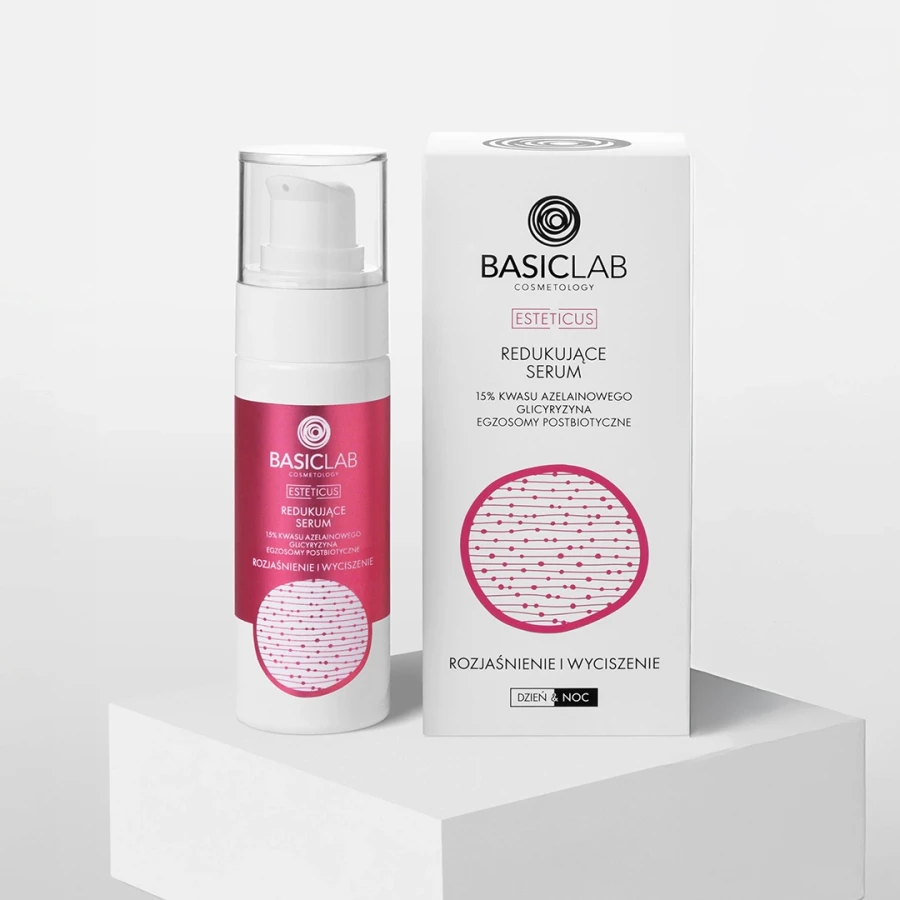 BASICLAB Redukujące serum 15% kwasu azelainowego, Glicyryzyna, Egzosomy postbiotyczne, Rozjaśnienie i Wyciszenie 30 ml