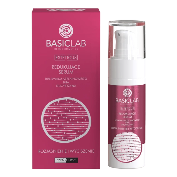 BASICLAB Redukujące serum 10% kwasu azelainowego, BHA, Glicyryzyna, Rozjaśnienie i Wyciszenie 30 ml