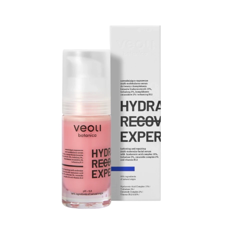 VEOLI BOTANICA HYDRA RECOVERY EXPERT Nawadniająco-naprawcze multi-molekularne serum do twarzy z kompleksem kwasów hialuronowych 15%, trehalozą 3%, kompleksem ceramidów 2% i witaminą B12 30 ml