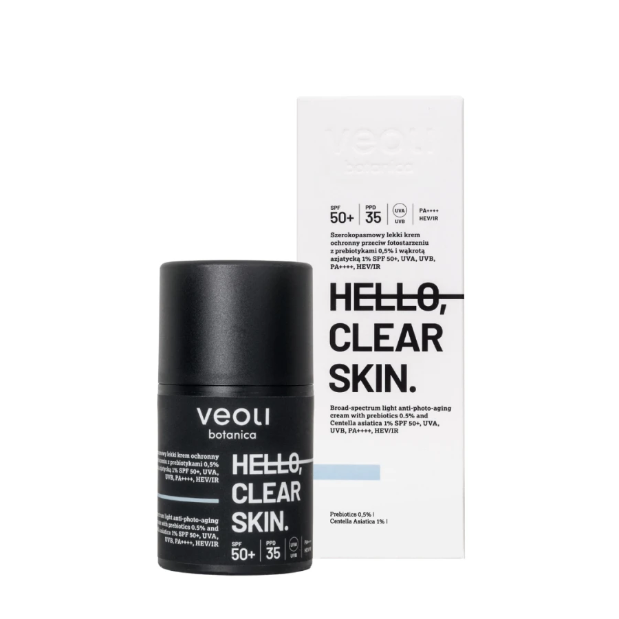 VEOLI BOTANICA HELLO, CLEAR SKIN Szerokopasmowy lekki krem ochronny przeciw fotostarzeniu z prebiotykami 0,5% i wąkrotą azjatycką 1% SPF 50+, UVA, UVB, PA++++, HEV/IR 50 ml