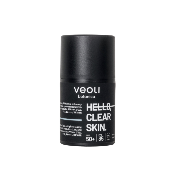 VEOLI BOTANICA HELLO, CLEAR SKIN Szerokopasmowy lekki krem ochronny przeciw fotostarzeniu z prebiotykami 0,5% i wąkrotą azjatycką 1% SPF 50+, UVA, UVB, PA++++, HEV/IR 50 ml