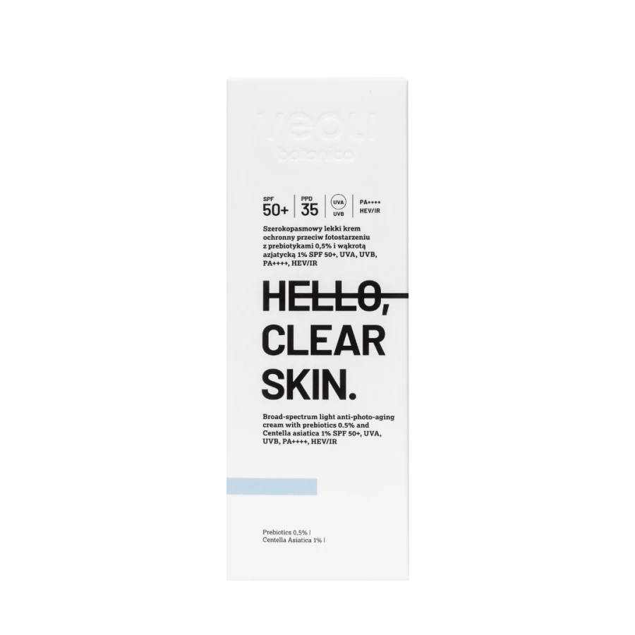 VEOLI BOTANICA HELLO, CLEAR SKIN Szerokopasmowy lekki krem ochronny przeciw fotostarzeniu z prebiotykami 0,5% i wąkrotą azjatycką 1% SPF 50+, UVA, UVB, PA++++, HEV/IR 50 ml