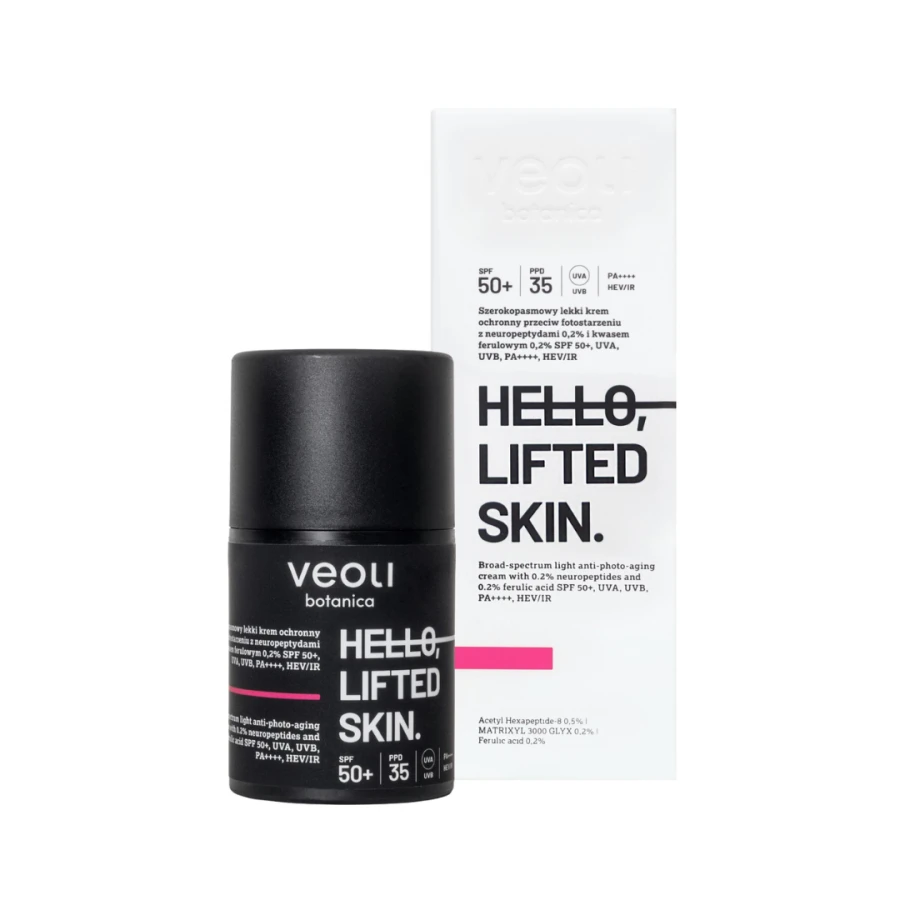 VEOLI BOTANICA HELLO, LIFTED SKIN Szerokopasmowy lekki krem ochronny przeciw fotostarzeniu z neuropeptydami 0,2% i kwasem ferulowym 0,2% SPF 50+, UVA, UVB, PA++++, HEV/IR 50 ml