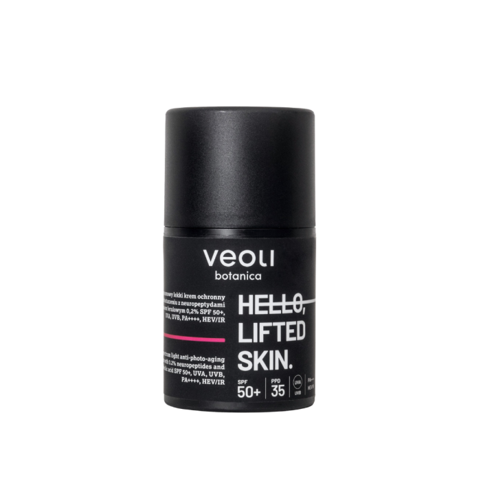 VEOLI BOTANICA HELLO, LIFTED SKIN Szerokopasmowy lekki krem ochronny przeciw fotostarzeniu z neuropeptydami 0,2% i kwasem ferulowym 0,2% SPF 50+, UVA, UVB, PA++++, HEV/IR 50 ml
