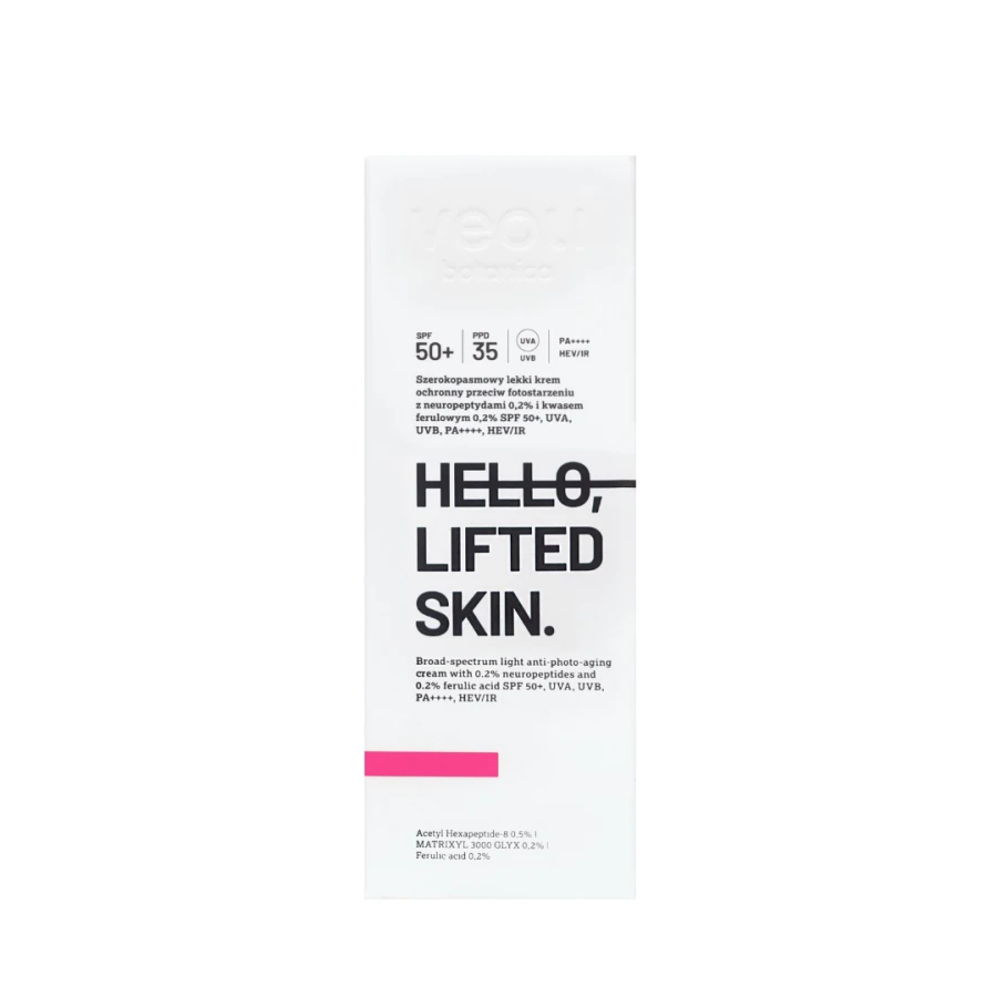 VEOLI BOTANICA HELLO, LIFTED SKIN Szerokopasmowy lekki krem ochronny przeciw fotostarzeniu z neuropeptydami 0,2% i kwasem ferulowym 0,2% SPF 50+, UVA, UVB, PA++++, HEV/IR 50 ml