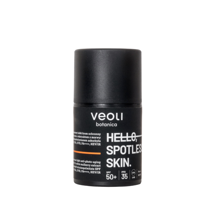 VEOLI BOTANICA HELLO, SPOTLESS SKIN Szerokopasmowy lekki krem ochronny przeciw fotostarzeniu z ekstraktem z morwy białej 1% i tetraizopalmitynianem askorbylu SPF 50+, UVA, UVB, PA++++, HEV/IR 50 ml