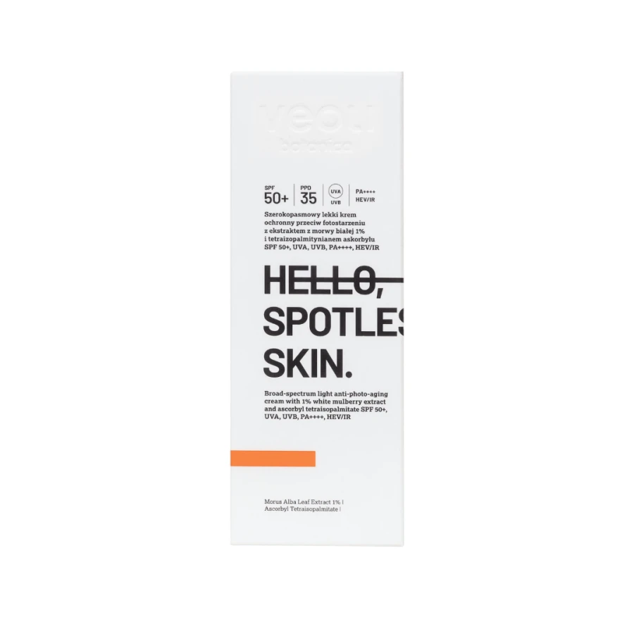 VEOLI BOTANICA HELLO, SPOTLESS SKIN Szerokopasmowy lekki krem ochronny przeciw fotostarzeniu z ekstraktem z morwy białej 1% i tetraizopalmitynianem askorbylu SPF 50+, UVA, UVB, PA++++, HEV/IR 50 ml