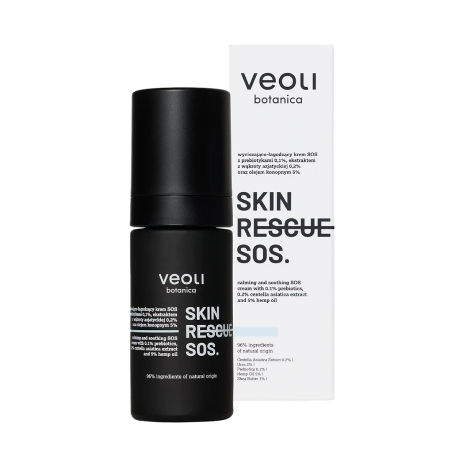 VEOLI BOTANICA SKIN RESCUE SOS Wyciszająco-łagodzący krem SOS z prebiotykami 0,1%, ekstraktem z wąkroty azjatyckiej 0,2% oraz olejem konopnym 5% 30 ml