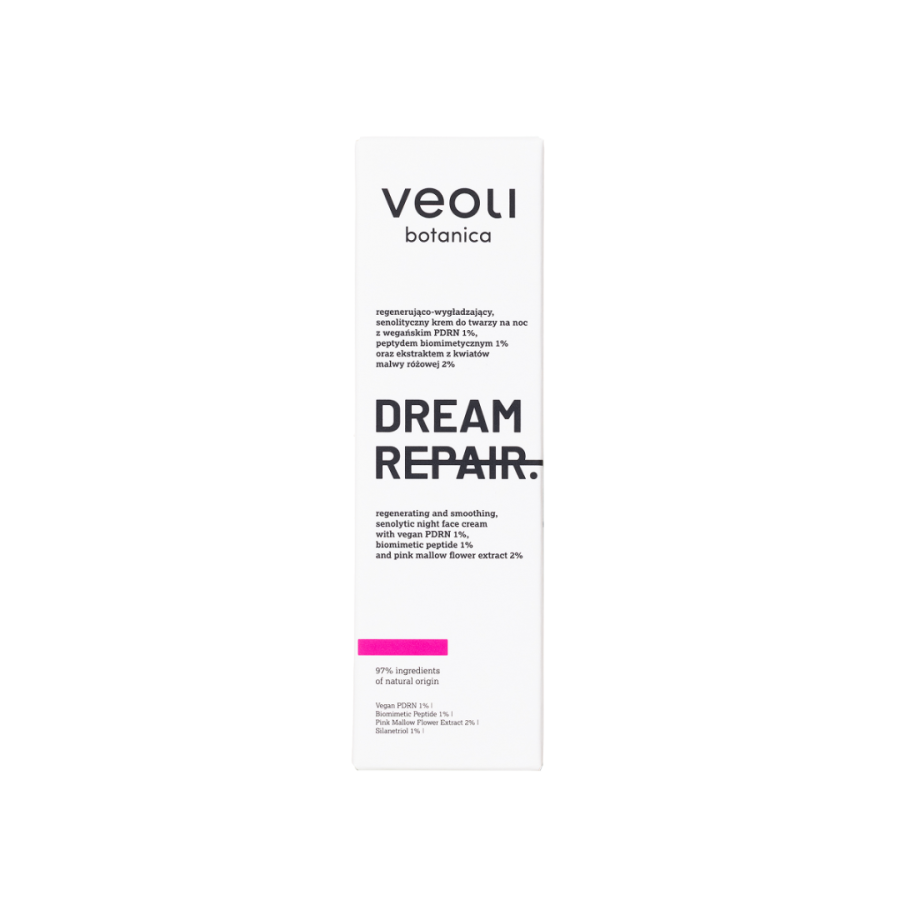 VEOLI BOTANICA DREAM REPAIR Regenerująco-wygładzający, senolityczny krem do twarzy na noc z wegańskim PDRN 1%, peptydem biomimetycznym 1% oraz ekstraktem z kwiatów malwy różowej 2% 30 ml