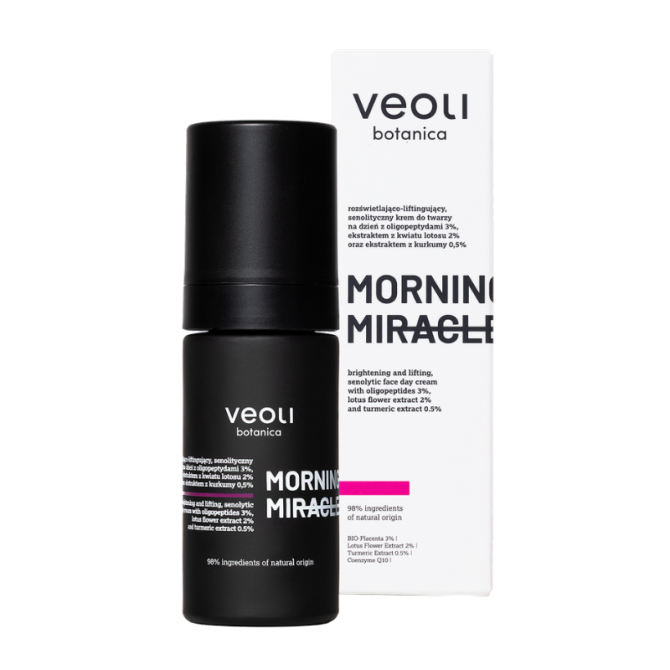 VEOLI BOTANICA MORNING MIRACLE Rozświetlająco-liftingujący, senolityczny krem do twarzy na dzień z oligopeptydami 3%, ekstraktem z kwiatu lotosu 2% oraz ekstraktem z kurkumy 0,5% 30 ml